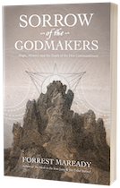Image of Sorrow of the Godmakers book cover. It features an engraving of Mt. Sinai with pagan triangle diagrams superimposed behind it.
