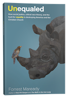 A cover of the Unequaled book. The cover is a solid blue color, with white sans-serif text. The first two letters of the title, 'U' and 'n,' are colored yellow. The cover features a large collage-style illustration of the head of a rhinoceros, it's nearly uniform gray color in stark contrast to tiny Red Oxpecker bird standing on the tip of the rhinoceros' horn.